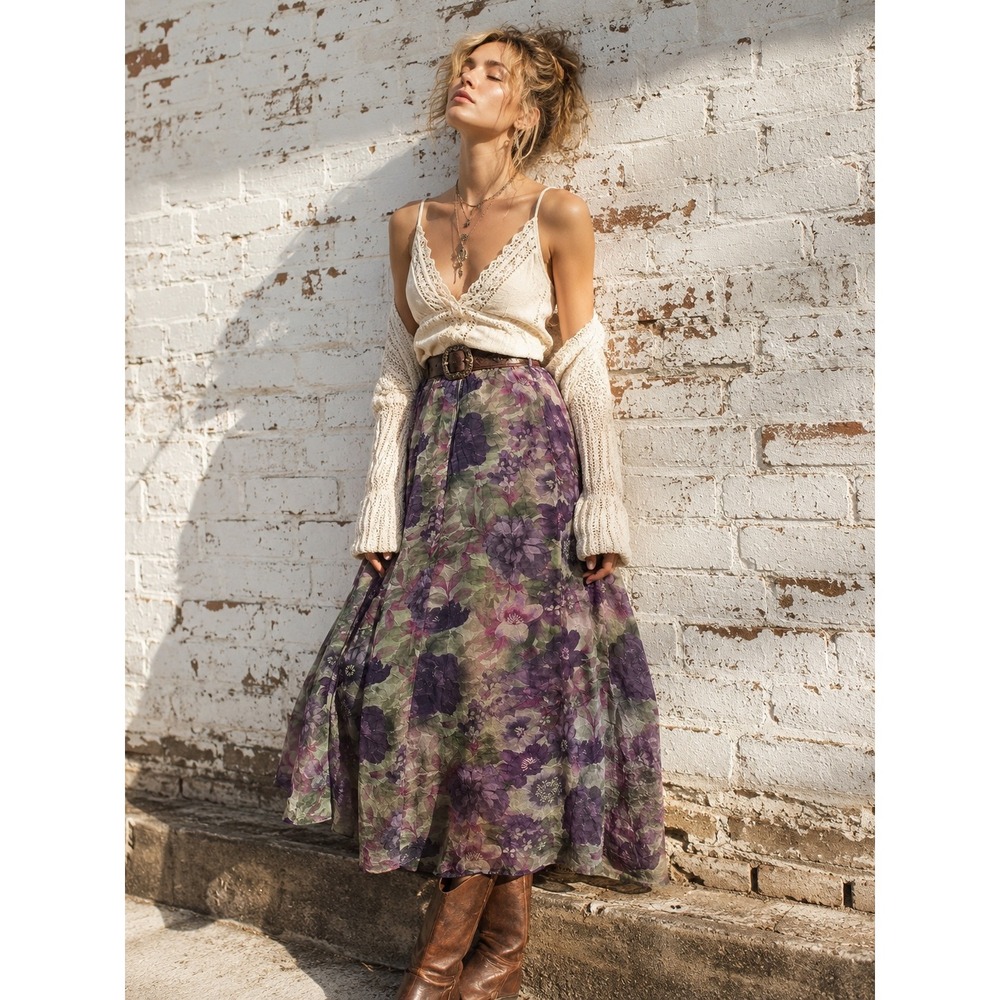 Vintage Dress Barn Purple Floral Crinkle Maxi Skirt Grunge 90s Fairycore Plus 1X